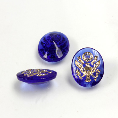 Glass Point Back Intaglio Insignia Top Oval 12x10MM ARMY GOLD on SAPPHIRE