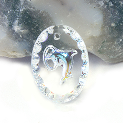 German Glass Engraved Buff Top Intaglio Pendant - DOLPHIN Oval 18x13MM CRYSTAL AB