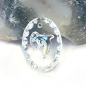 German Glass Engraved Buff Top Intaglio Pendant - DOLPHIN Oval 18x13MM CRYSTAL AB