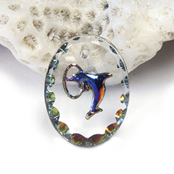 German Glass Engraved Buff Top Intaglio Pendant - DOLPHIN Oval 18x13MM CRYSTAL HELIO BLUE