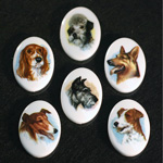 German Plastic Porcelain Decal Painting - Dogs Oval 25x18MM ON CHALKWHITE BASE