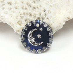 German Glass Engraved Buff Top Intaglio Pendant - MOON & STARS Round 15MM CRYSTAL HELIO BLUE
