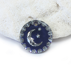 German Glass Engraved Buff Top Intaglio Pendant - MOON & STARS Round 15MM SILVER HELIO BLUE
