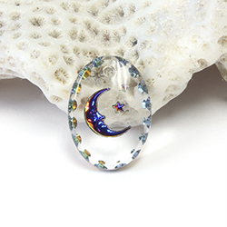 German Glass Engraved Buff Top Intaglio Pendant - MOON & STARS Oval 18x13MM CRYSTAL HELIO BLUE