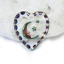 German Glass Engraved Buff Top Intaglio Pendant - MOON & STARS Heart 20x18MM CRYSTAL HELIO RED