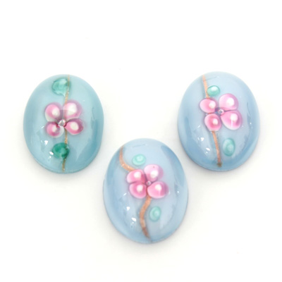 Glass Medium Dome Lampwork Cabochon - Oval 18x13MM PINK ON AQUA (04866)