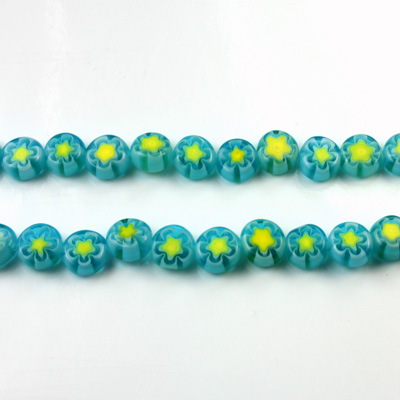 Glass Millefiori Bead - Flat Round 06x3MM AQUA WHITE YELLOW (13)