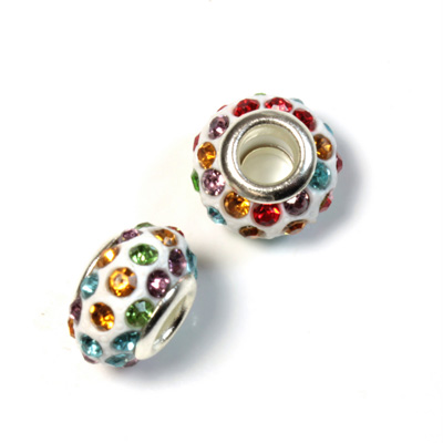 Rhinestone Bead with Large Hole Resin Base and Silver Plated Center - Round 14x9MM MULTI on WHITE