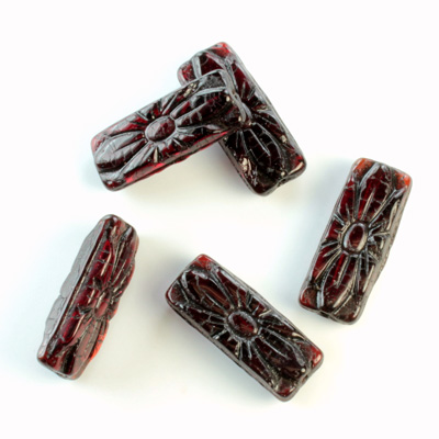 Czech Pressed Glass Engraved Bead - Cushion 20x8MM BLACK ON RUBY