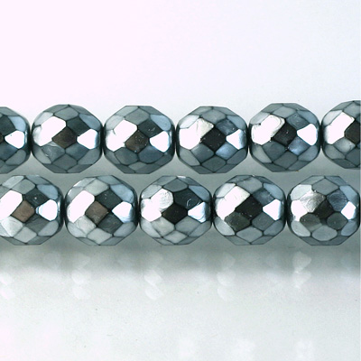 Czech Glass Pearl Faceted Fire Polish Bead - Round 10MM SILVER ON BLACK 72101
