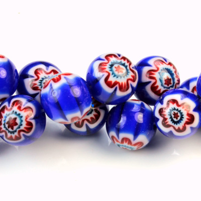 Glass Millefiori Bead - Round 12MM BLUE WHITE RED (30)