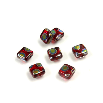 Czech Pressed Glass Bead - Smooth Flat Square 06x6MM PEACOCK RUBY