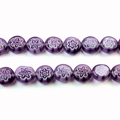 Glass Millefiori Bead - Flat Round 08x4MM AMETHYST WHITE (41)