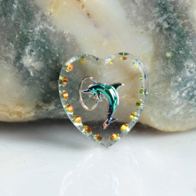 German Glass Engraved Buff Top Intaglio Pendant - DOLPHIN Heart Shape 15x14MM CRYSTAL HELIO GREEN