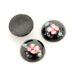 Glass Medium Dome Lampwork Cabochon - Round 15MM PINK ON JET (00555)