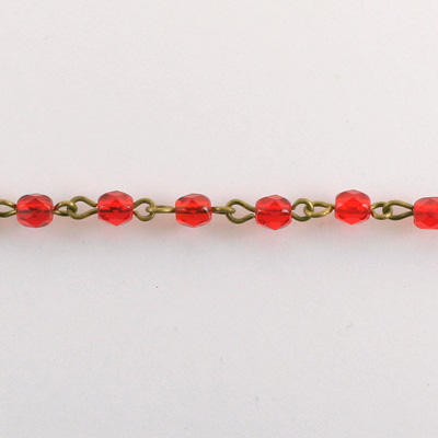 Linked Bead Chain Rosary Style with Glass Fire Polish Bead - Round 4MM RUBY-Brass