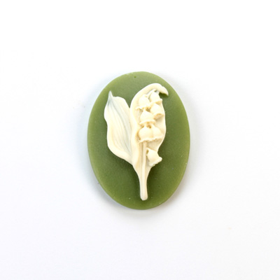 Plastic Cameo - Flower, Lily of the Valley Oval 25x18MM IVORY ON GREEN