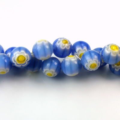 Glass Millefiori Bead - Round 08MM LT BLUE WHITE YELLOW (26)