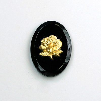 Glass Cameo Rose Oval 25x18MM GOLD ON JET