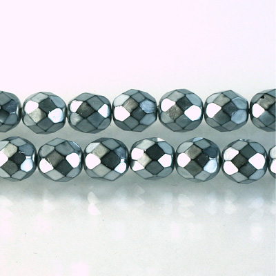 Czech Glass Pearl Faceted Fire Polish Bead - Round 08MM SILVER ON BLACK 72101