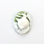 Plastic Cameo - Cat Oval 25x18MM WHITE ON OLIVE GREEN