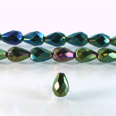 Czech Glass Fire Polish Bead - Pear 10x7MM Full Coated IRIS GREEN