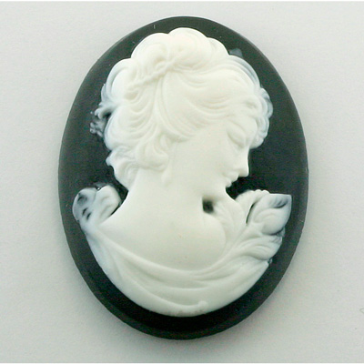 Plastic Cameo - Woman with Drop Earring Oval 40x30MM WHITE ON BLACK