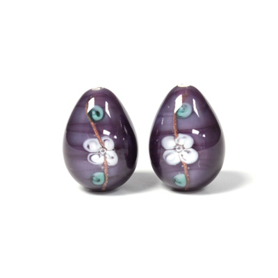 Czech Glass Lampwork Bead - Pear Smooth 18x12MM Flower WHITE ON AMETHYST (04886)