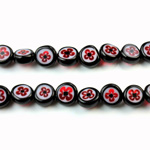 Glass Millefiori Bead - Flat Round 08x4MM BLACK WHITE RED (35)