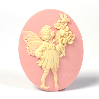 Plastic Cameo - Fairy with Bouquet Oval 40x30MM IVORY ON PINK