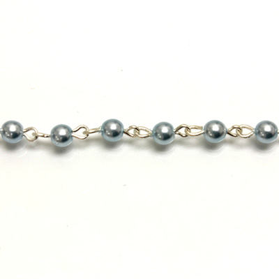 Linked Bead Chain Rosary Style with Glass Pearl Bead - Round 4MM LT BLUE-SILVER