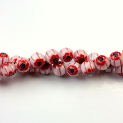 Glass Millefiori Bead - Round 06MM WHITE RED BLACK (03)