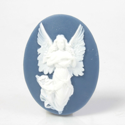 Plastic Cameo - Fairy with Wreath Oval 40x30MM WHITE ON ROYAL BLUE