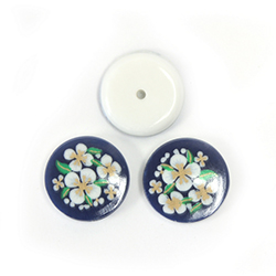Japanese Glass Porcelain Decal Painting - Flowers Round 13mm WHITE on DARK BLUE with Button Back