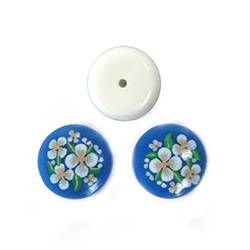 Japanese Glass Porcelain Decal Painting - Flowers Round 13mm WHITE on LIGHT BLUE with Button Back