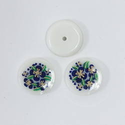 Japanese Glass Porcelain Decal Painting - Flowers Round 13mm BLUE on WHITE with Button Back