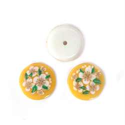 Japanese Glass Porcelain Decal Painting - Flowers Round 13mm WHITE on YELLOW with Button Back