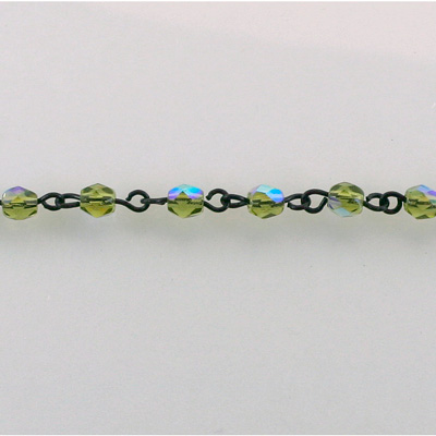 Linked Bead Chain Rosary Style with Glass Fire Polish Bead - Round 4MM OLIVINE AB-JET