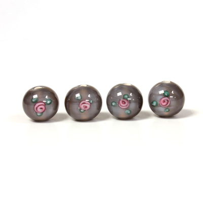 Czech Glass Lampwork Bead - Smooth Round 08MM Flower PINK ON GREY (40222)