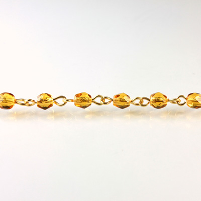 Linked Bead Chain Rosary Style with Glass Fire Polish Bead - Round 4MM TOPAZ-GOLD