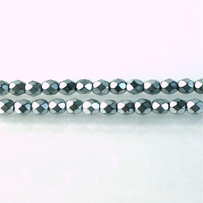 Czech Glass Pearl Faceted Fire Polish Bead - Round 04MM SILVER ON BLACK 72101