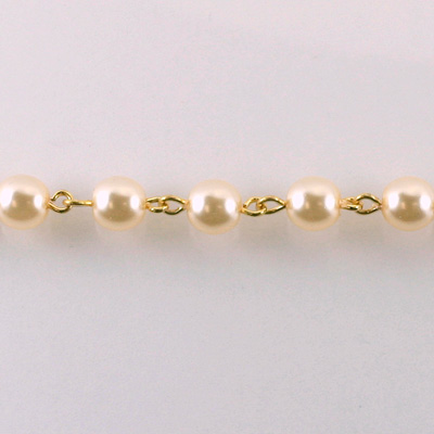 Linked Bead Chain Rosary Style with Glass Pearl Bead - Round 6MM CREME-GOLD