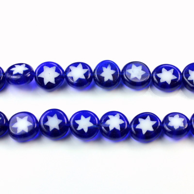 Glass Millefiori Bead - Flat Round 08x4MM BBLUE WHITE STAR (08)