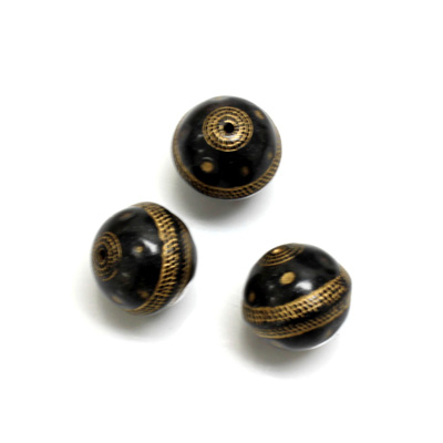 Plastic Engraved Bead -  Gold Tapestry Round 12MM BLACK