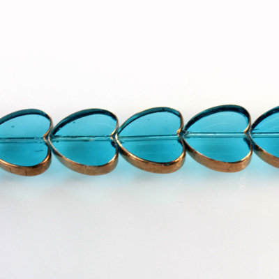 Glass Fire Polished Table Cut Window Bead - Heart 14MM AQUA with METALLIC COATING