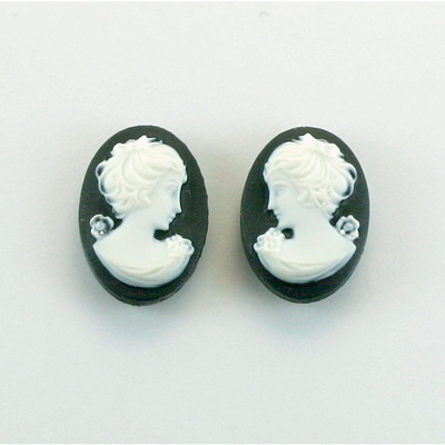 Plastic Cameo - Woman with Bow Oval 18x13MM WHITE ON BLACK