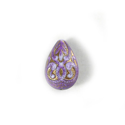 Plastic Engraved Bead - Pear 19x13MM GOLD on LILAC