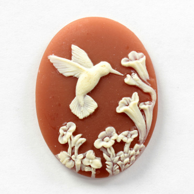 Plastic Cameo - HuMMingbird with Flowers Oval 40x30MM IVORY on DARK CORNELIAN