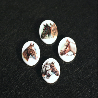 German Plastic Porcelain Decal Painting - Horses Oval 18x13MM ON CHALKWHITE BASE