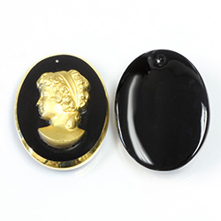 German Glass Engraved Cameo Pendant - Oval 34x26MM GOLD no JET